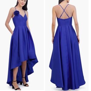 Eliza J Rosette Sweetheart V Neckline High-Low Fit-n-Flare Pleated Cocktail Gown